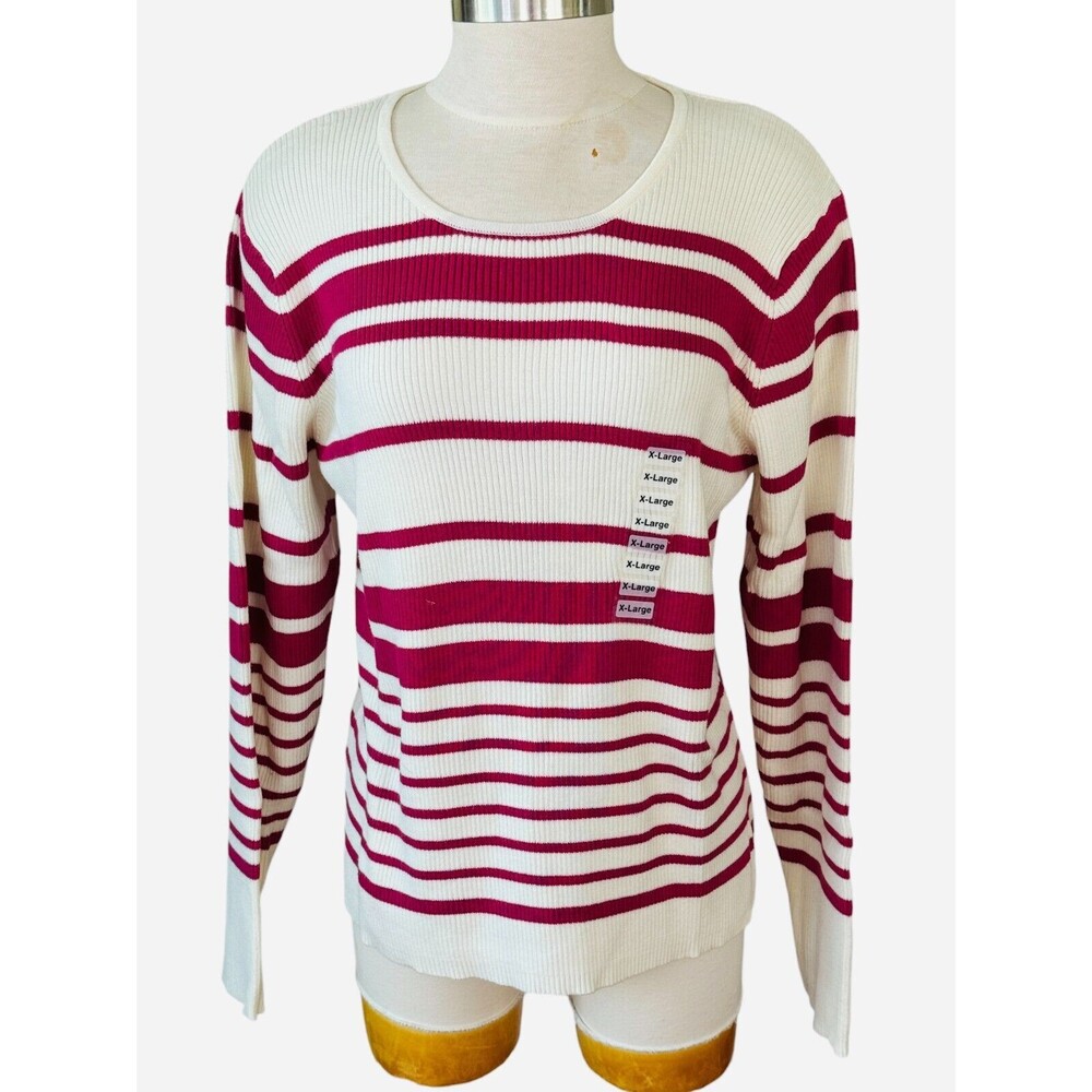 Charter Club Wm X-L Stripe Wild Berry/Eggshell Cotton Pullover Knit Sweater NEW